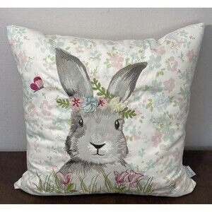 Loving Kindness Bunny Rabbit & Flowers Feather Throw Pillow Easter Decor 20”